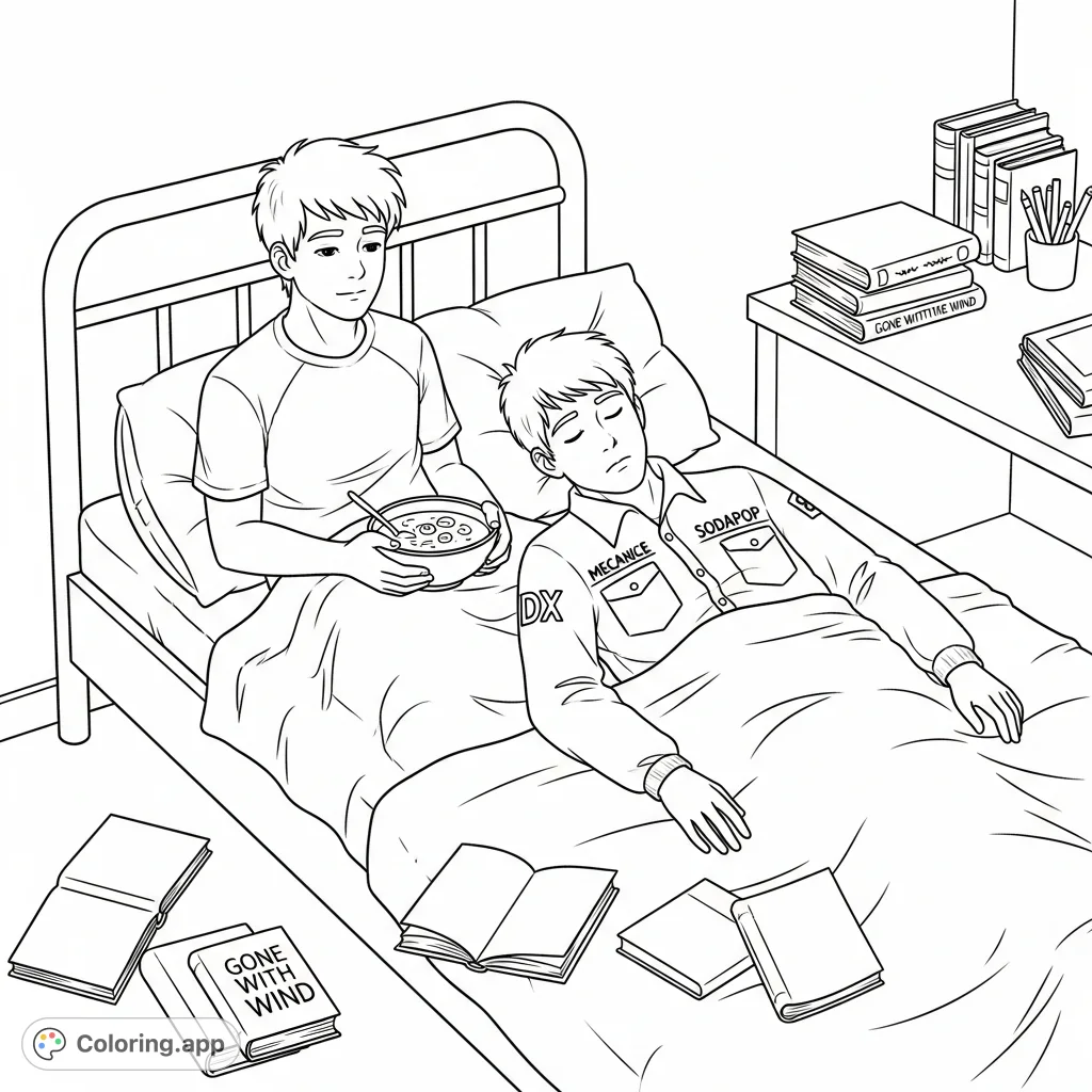 Capture a tender, quiet moment between two teen boys in a simple bedroom, featuring details like classic book titles and vintage mechanic shirt text.