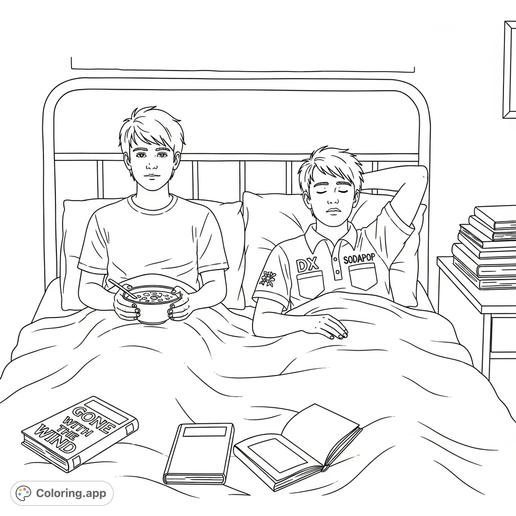 A slice-of-life teen bedroom coloring page with two boys, one awake with soup, the other asleep. Features a detailed 60s style shirt and books.