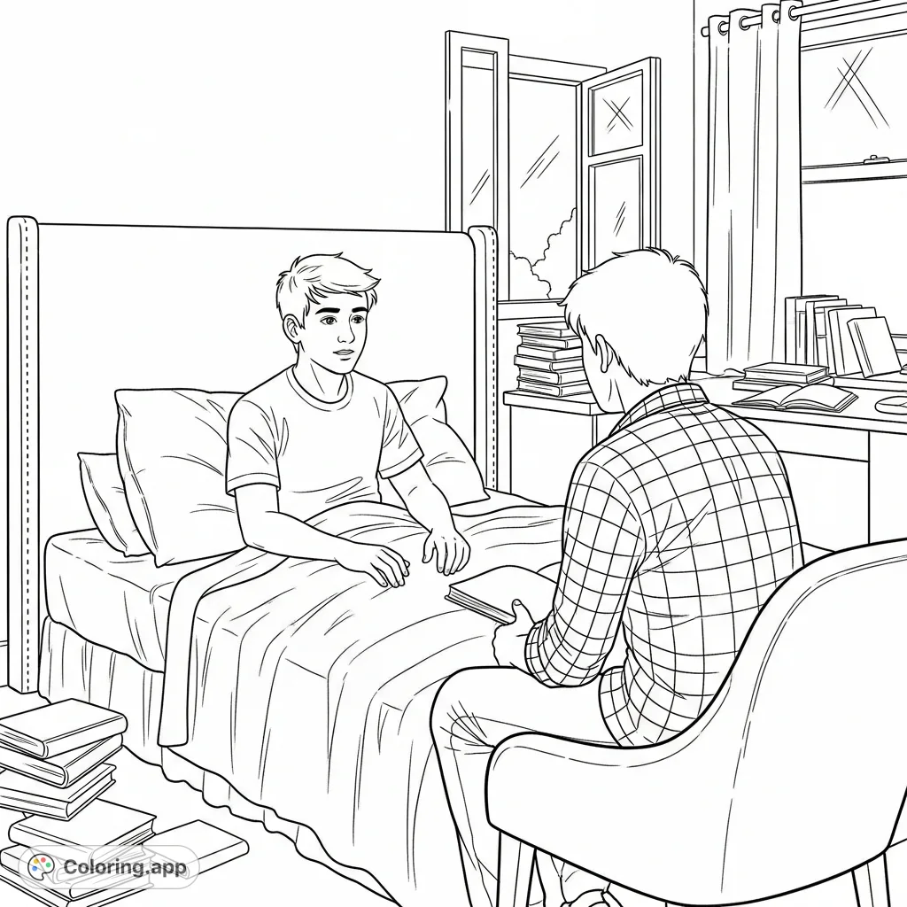 A detailed coloring page depicting two teen boys in a messy room, one in bed and one in a chair, engaged in conversation. Rich with realistic textures.