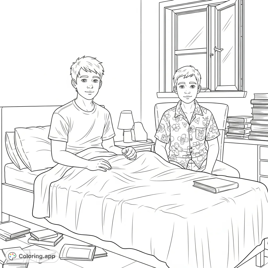 Capture a detailed scene of two teen boys in a messy room, featuring realistic anatomy, expressive faces, and intricate fabric textures. A relatable coloring page for teens and adults.