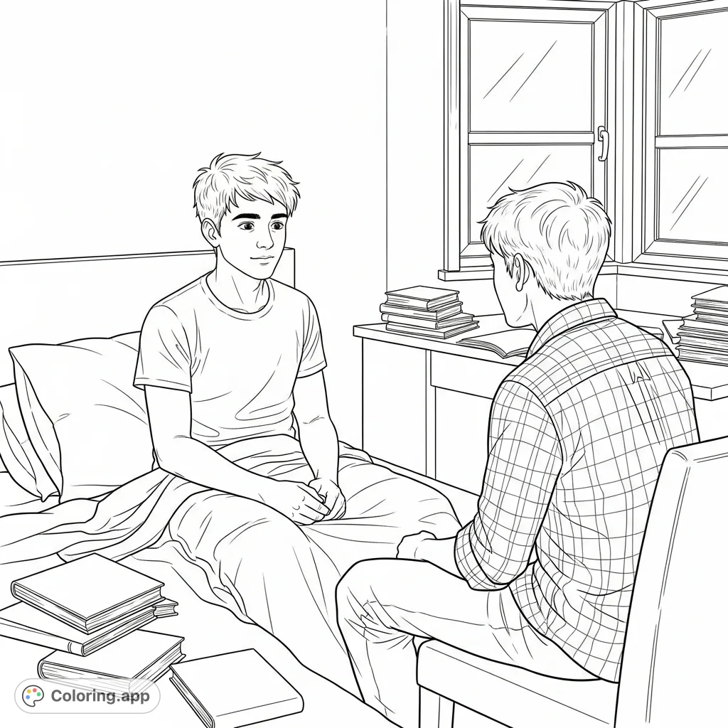 Explore a detailed scene featuring two teen boys in a messy room. Perfect for character study and realistic coloring.
