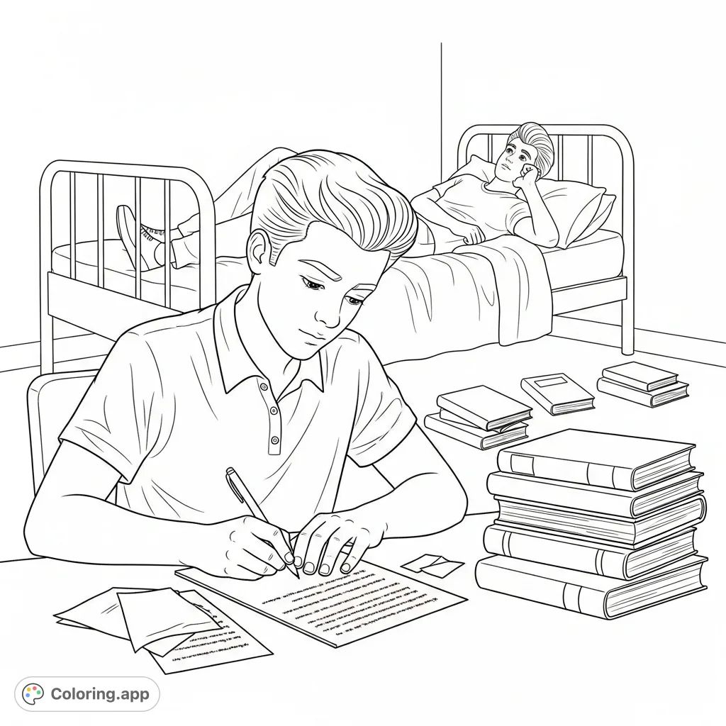 Capture a relatable teen scene: one boy writing diligently at a desk with books, another relaxing on a bed, lost in thought. A detailed, everyday room awaits your colors.