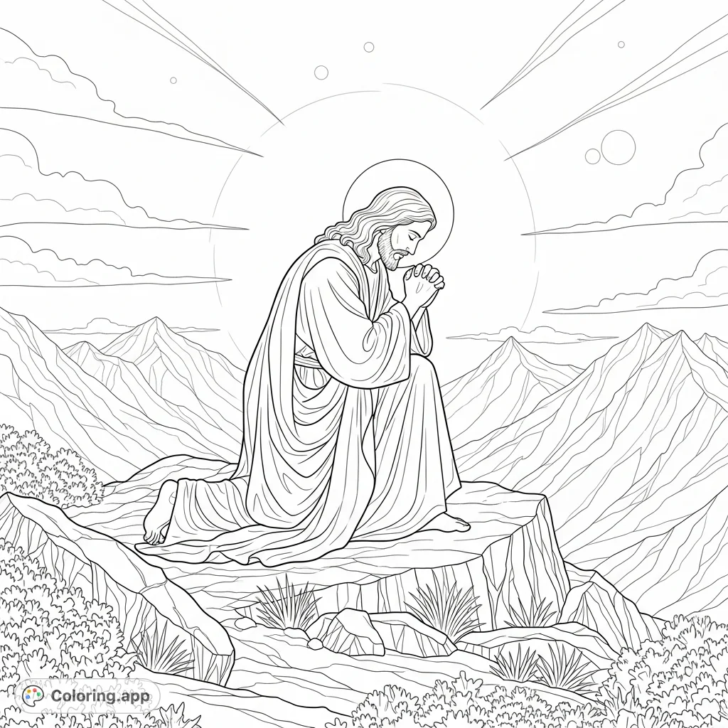 A serene Jesus kneels in prayer on a rugged mountain peak, draped in flowing robes, with a soft aura. A powerful spiritual moment for reflection.