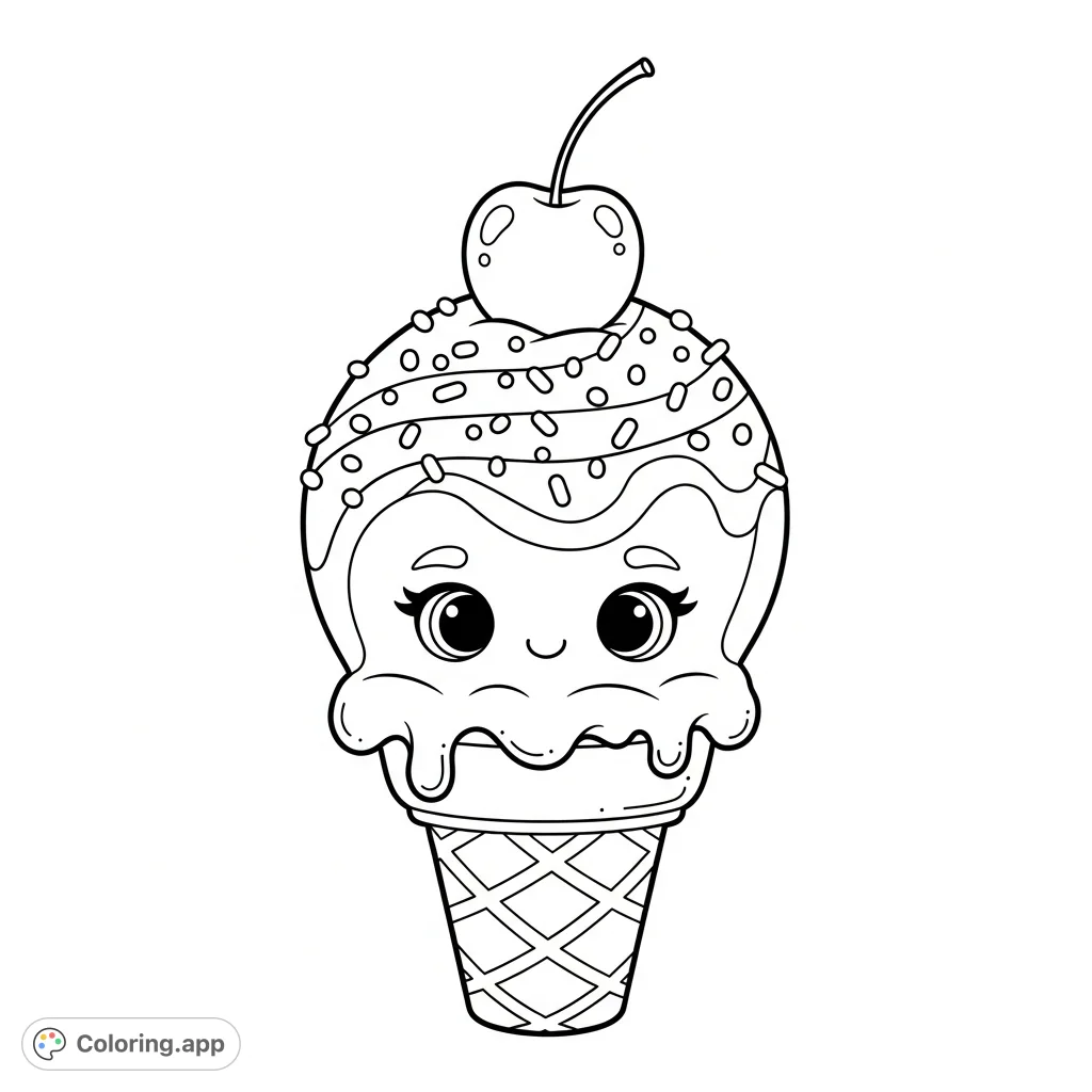 Indulge in this adorable kawaii chibi ice cream cone coloring page! Features a cute, smiling scoop with sprinkles, a cherry, and a textured waffle cone.