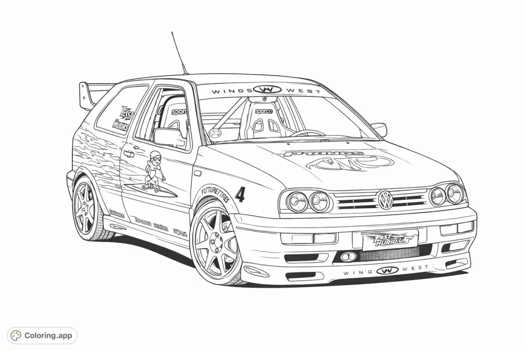 Unleash your creativity on this detailed custom race car coloring page. Featuring an aerodynamic body kit, intricate decals, and dynamic wheels.