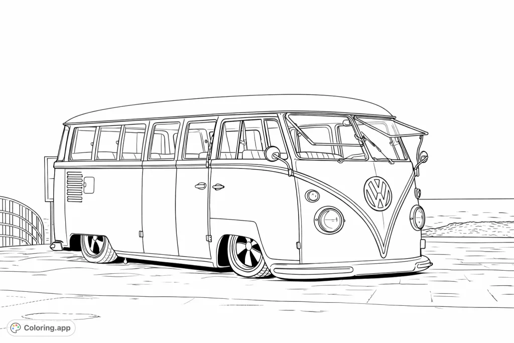Color this iconic vintage split-window bus, perfectly parked by the serene ocean. A delightful scene blending classic automotive charm with tranquil coastal views.