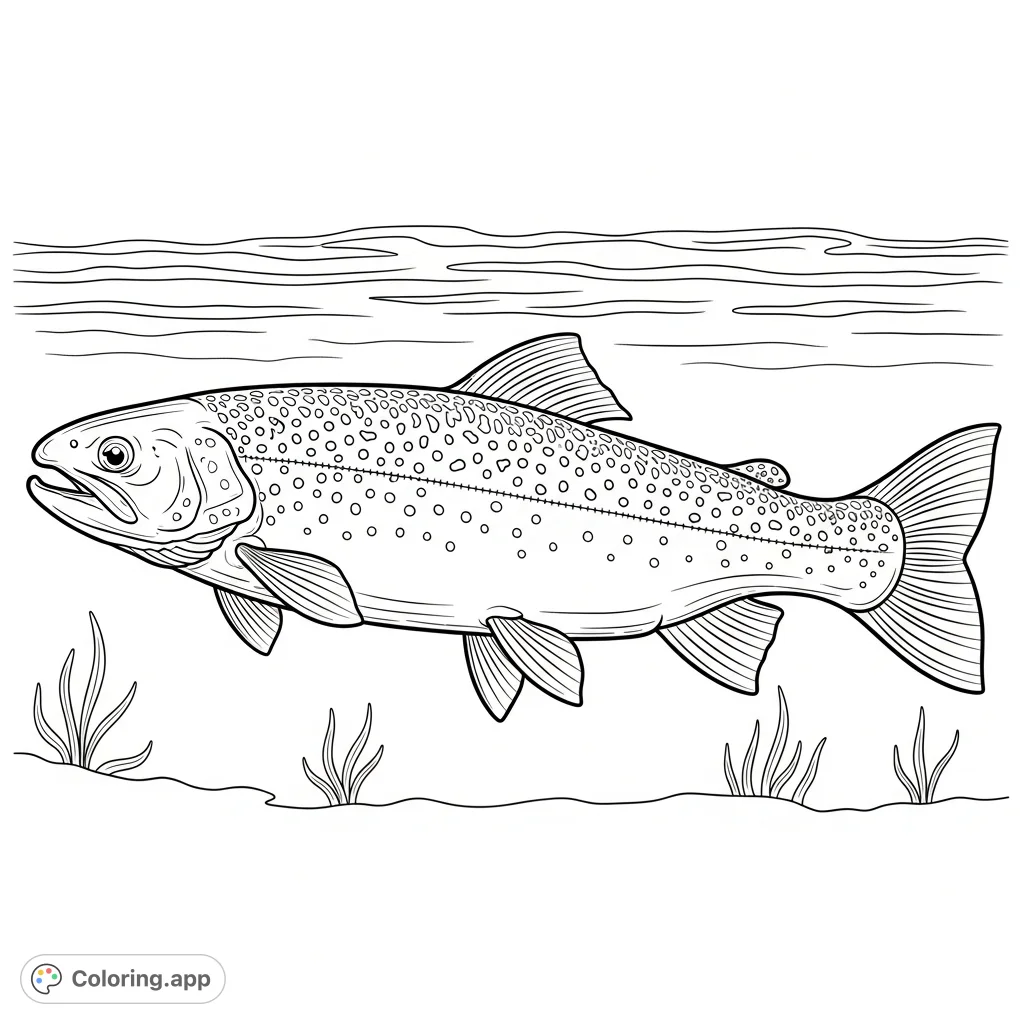 A detailed trout coloring page, perfect for nature enthusiasts. Discover a majestic fish with intricate scales and fins, swimming in serene waters.