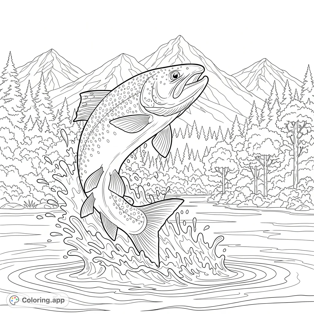 A powerful trout leaps from a river, surrounded by lush trees and majestic mountains. Perfect for nature lovers to bring to life with vibrant hues.