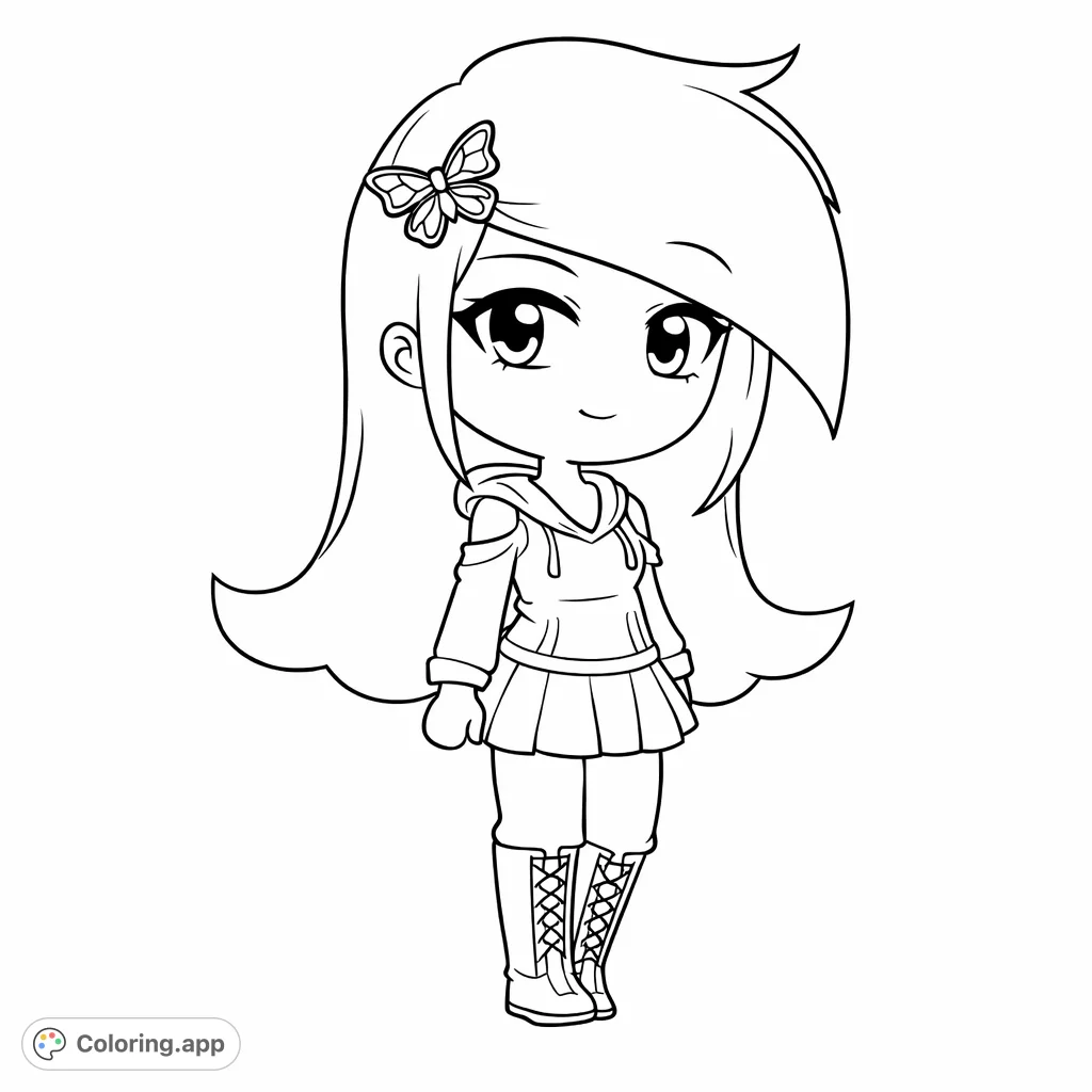 Bring this charming stylized character to life with your favorite colors! Featuring a sweet girl with a butterfly clip, perfect for creative expression.