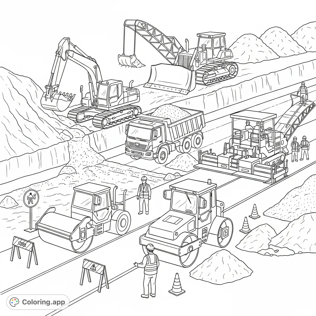 Explore a dynamic road construction coloring page featuring excavators, bulldozers, pavers, and rollers. A detailed journey of building a new road!