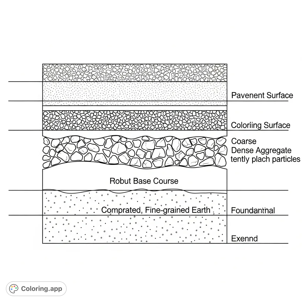 Explore the layers of a road! This detailed diagram reveals distinct construction strata, perfect for learning and coloring.