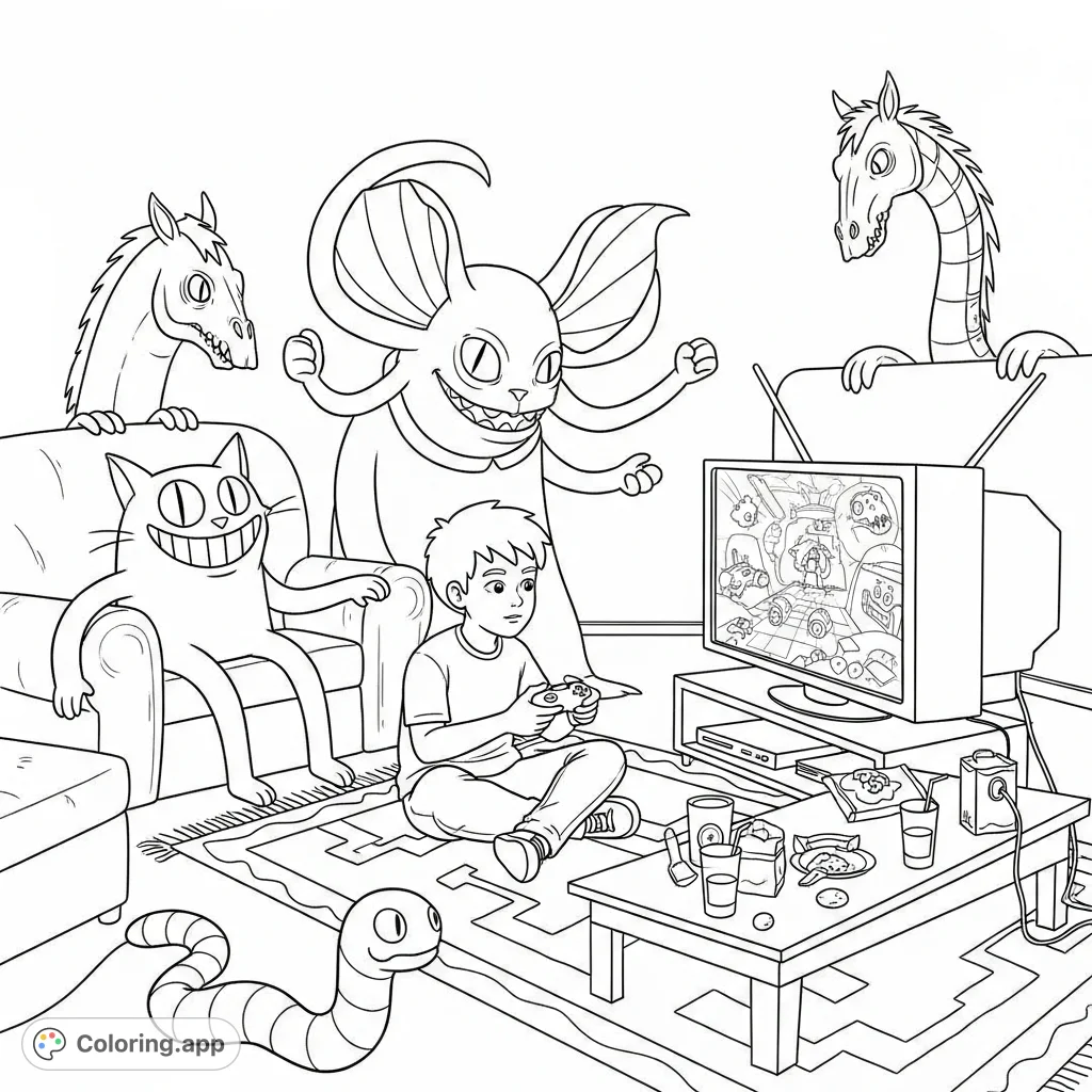 An 11-year-old boy enjoys a lively video game night with iconic Trevor Henderson monsters like Siren Head, Cartoon Cat, Long Horse, and Bridge Worm.