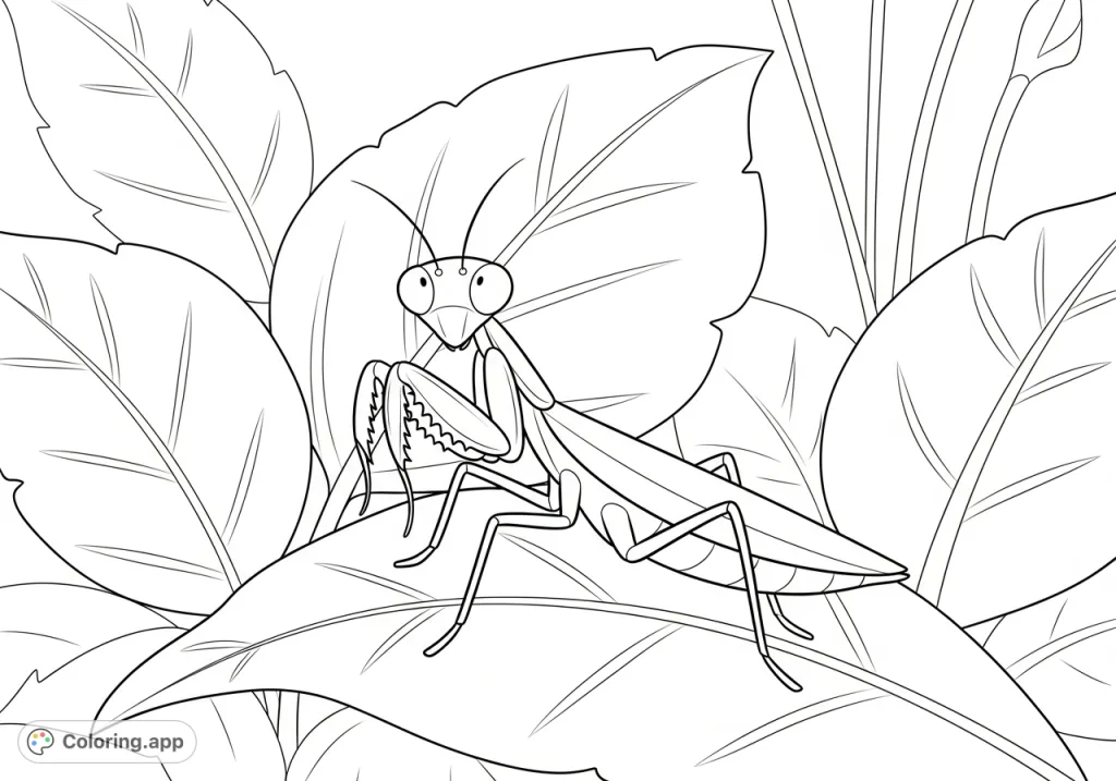 Discover a simple praying mantis perched on a leaf in its natural habitat. A delightful, easy-to-color scene for young artists and a perfect praying mantis coloring page.