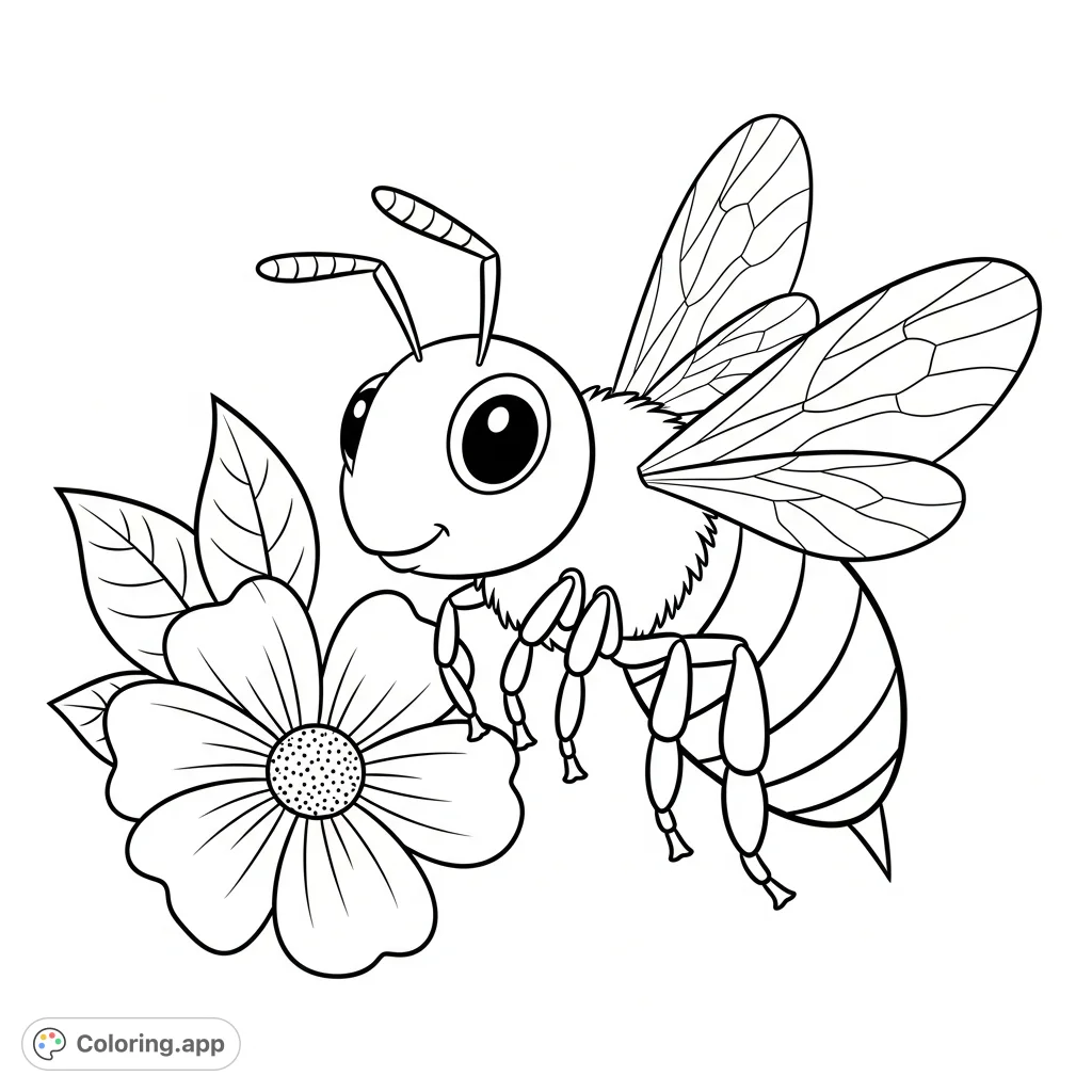 A delightful cartoon honeybee, with segmented body, delicate wings, and expressive eyes, hovers near a blossom. Perfect for a joyful coloring experience.