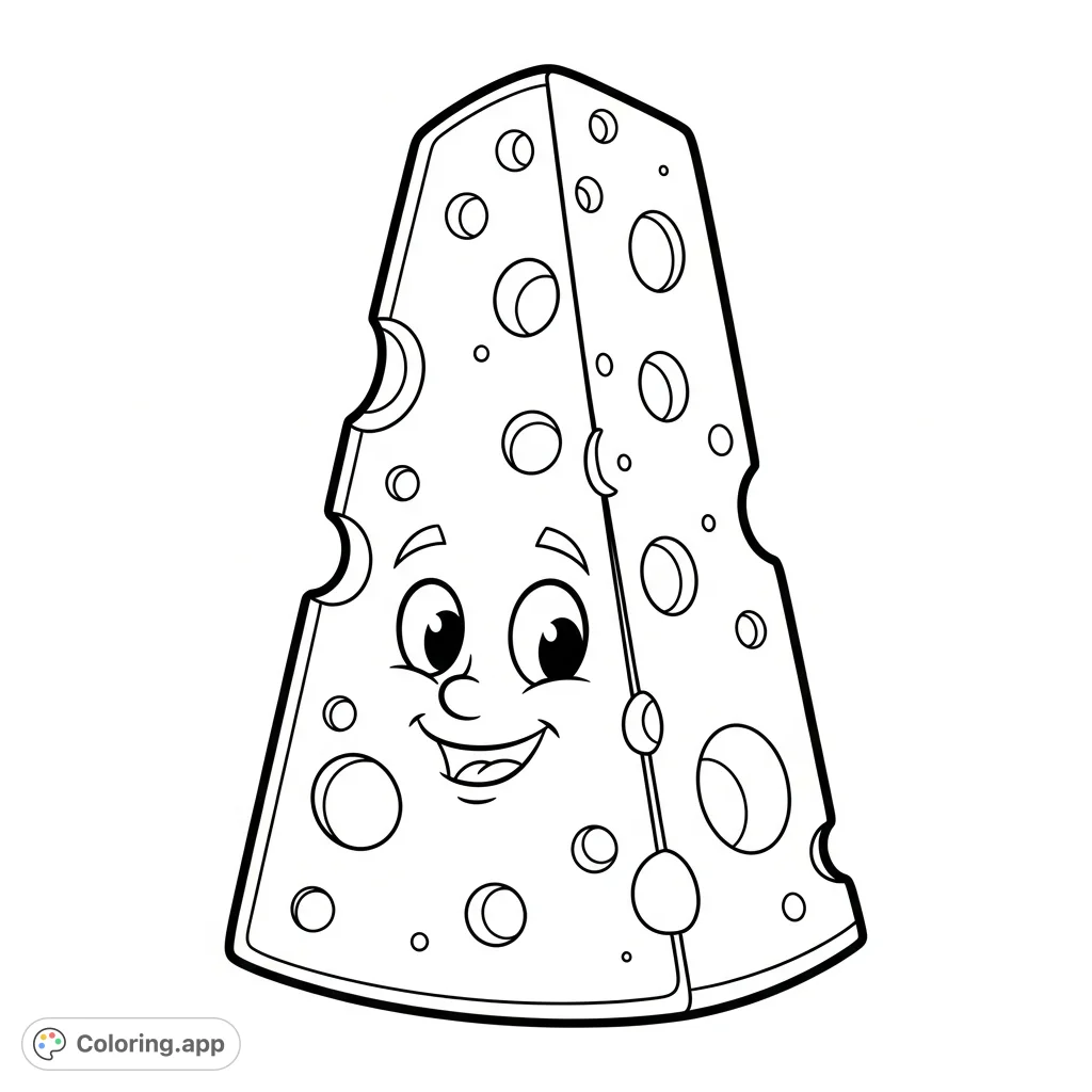 A delightful cartoon cheese wedge with a friendly face and classic holes, ready for a splash of imagination. Perfect for a fun and easy coloring experience!