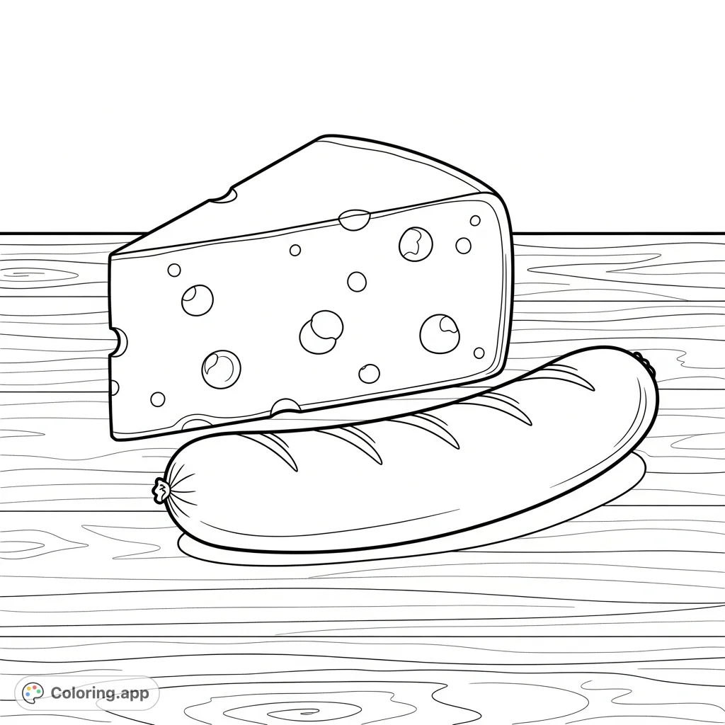 A delightful scene featuring a wedge of cheese and a hot dog resting on a kitchen table. Perfect for food-themed coloring fun and creative expression.