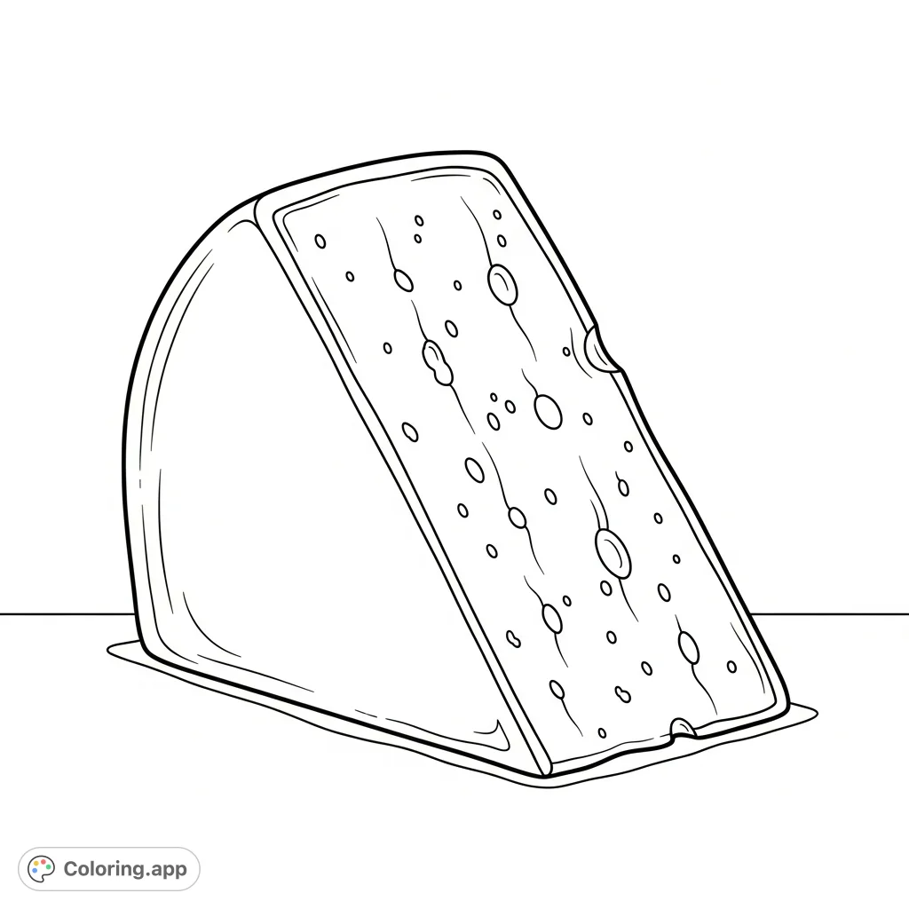 A simple, inviting classic cheese wedge with a textured, porous surface and a defined rind, perfect for a cozy coloring session. A free printable food coloring page.