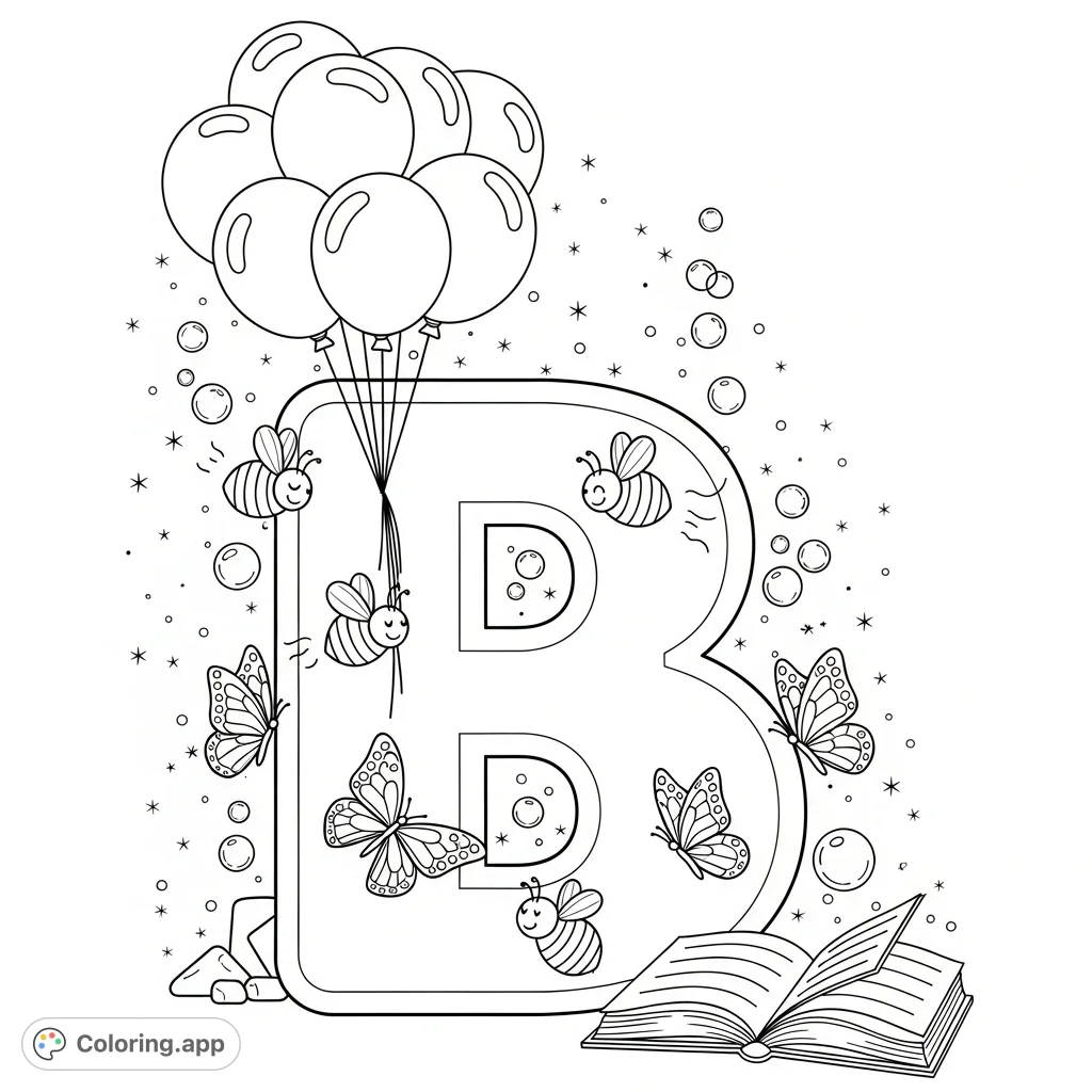Explore the charming Letter B coloring page, adorned with balloons, bees, and butterflies, perfect for learning and creative expression for kids and adults.