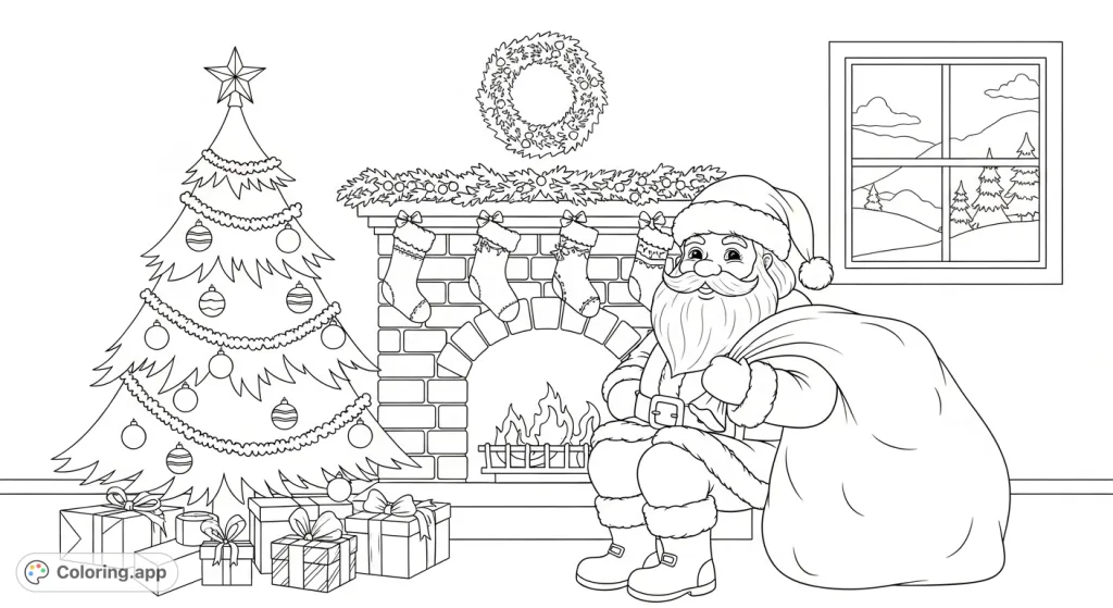 A delightful Christmas scene featuring Santa by a grand fireplace, a festive tree with presents, and a snowy window view. Perfect for holiday cheer!
