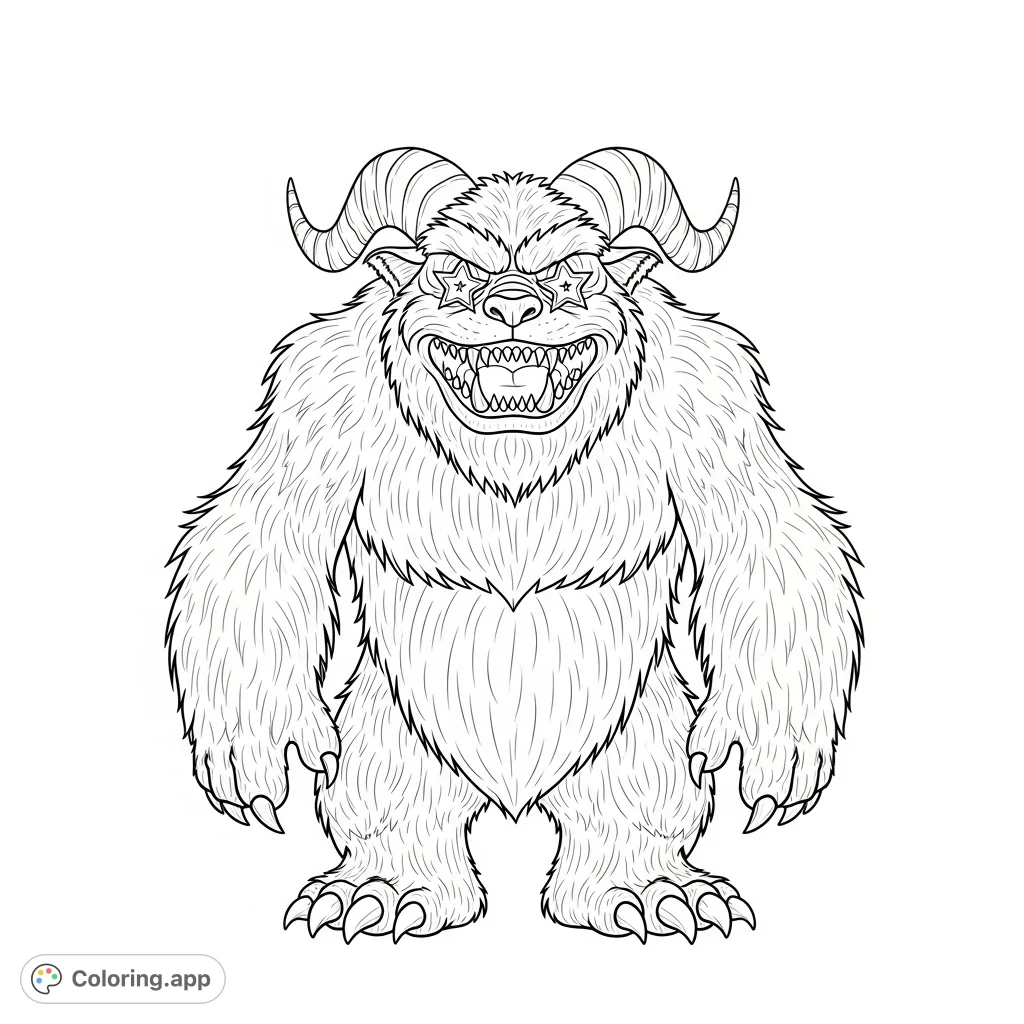 Unleash your creativity with this hairy monster featuring prominent horns, pointy teeth, and unique star-shaped eyes. A fun, detailed creature awaits your touch.