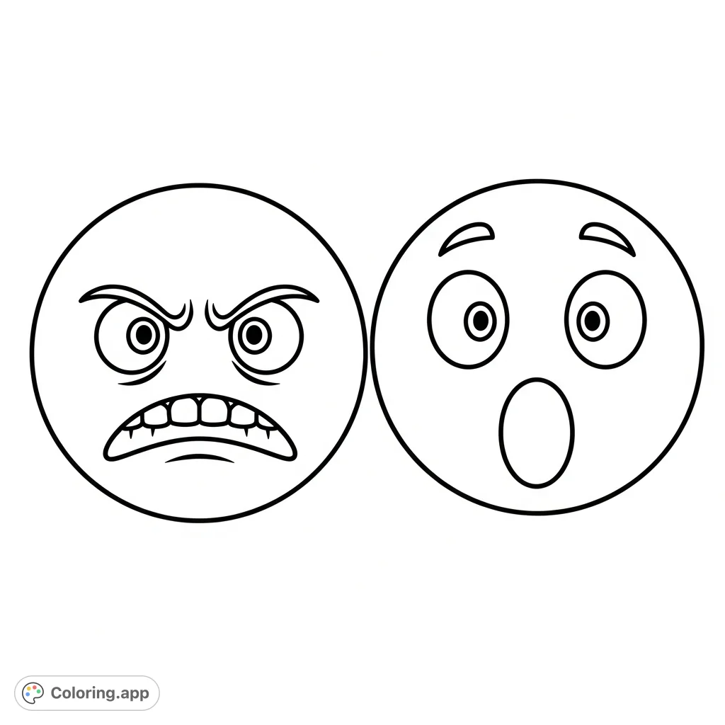 Expressive emoji faces displaying mad and surprised emotions. A fun, free printable emoji coloring page for kids and adults to personalize.