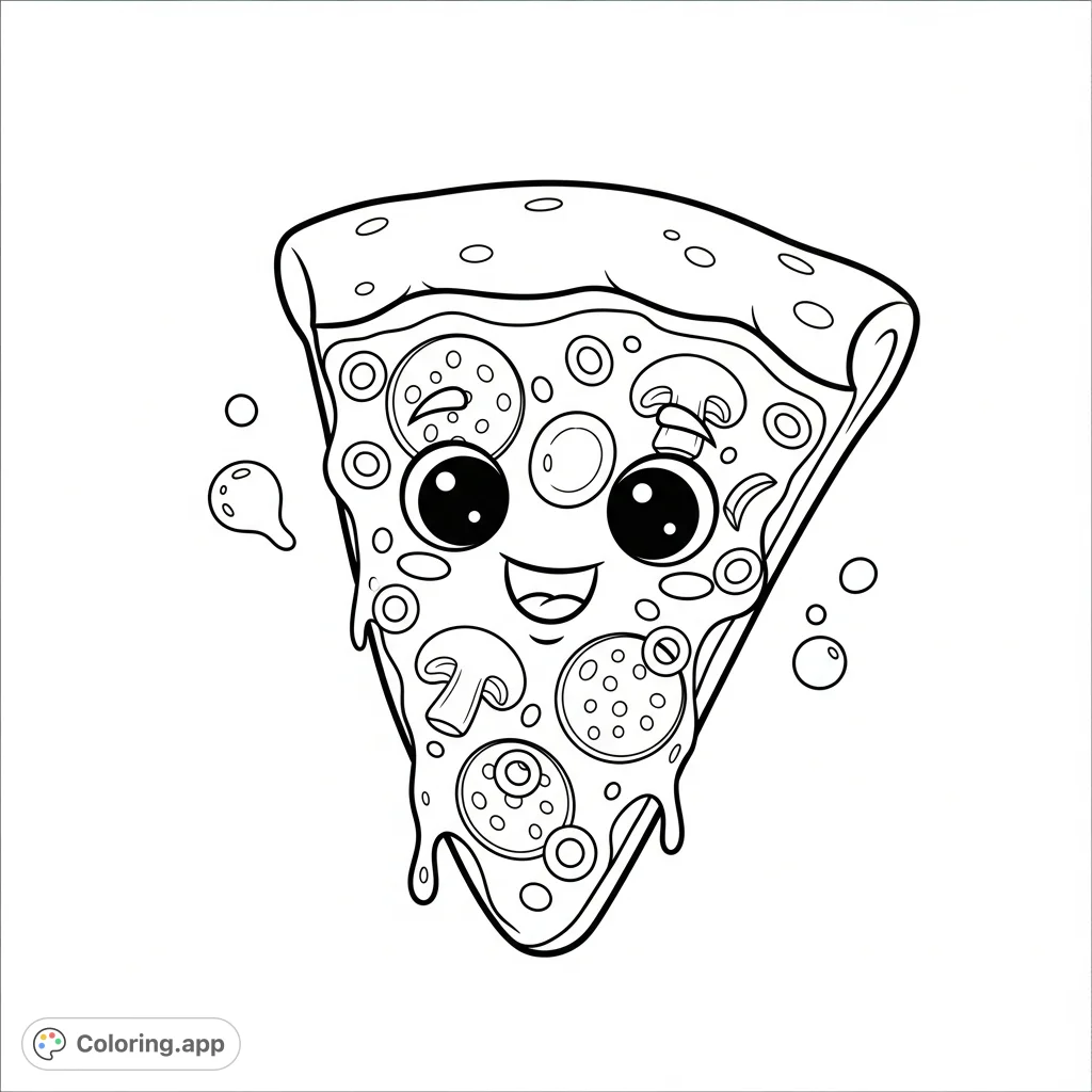 A delightful cartoon pizza slice with a friendly face, ready for a burst of vibrant colors. Perfect for a fun food-themed activity.