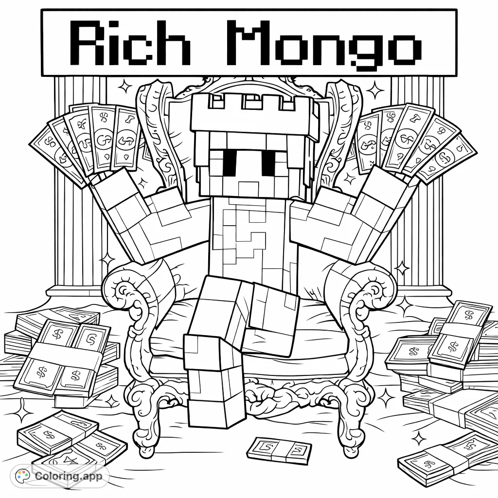 Color a block-style king on a grand throne, surrounded by stacks of currency in a luxurious setting. A fun and engaging coloring page for all.