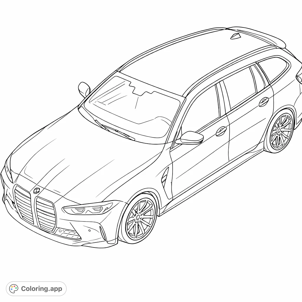 Color this sleek, detailed modern performance wagon. Features a prominent grille, sculpted body lines, and multi-spoke wheels, perfect for car enthusiasts.