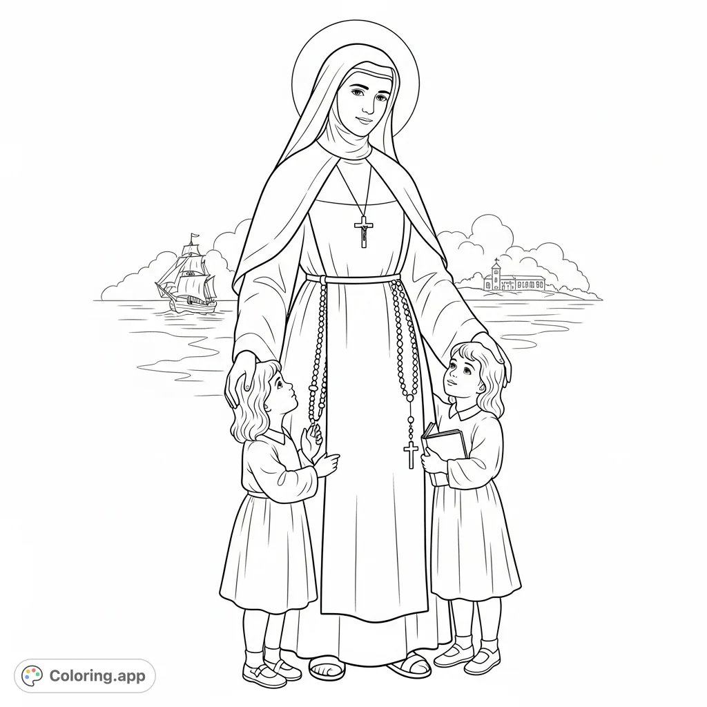 A detailed Saint Francis Xavier Cabrini coloring page, depicting her compassionate work with children and her missionary spirit across the globe.
