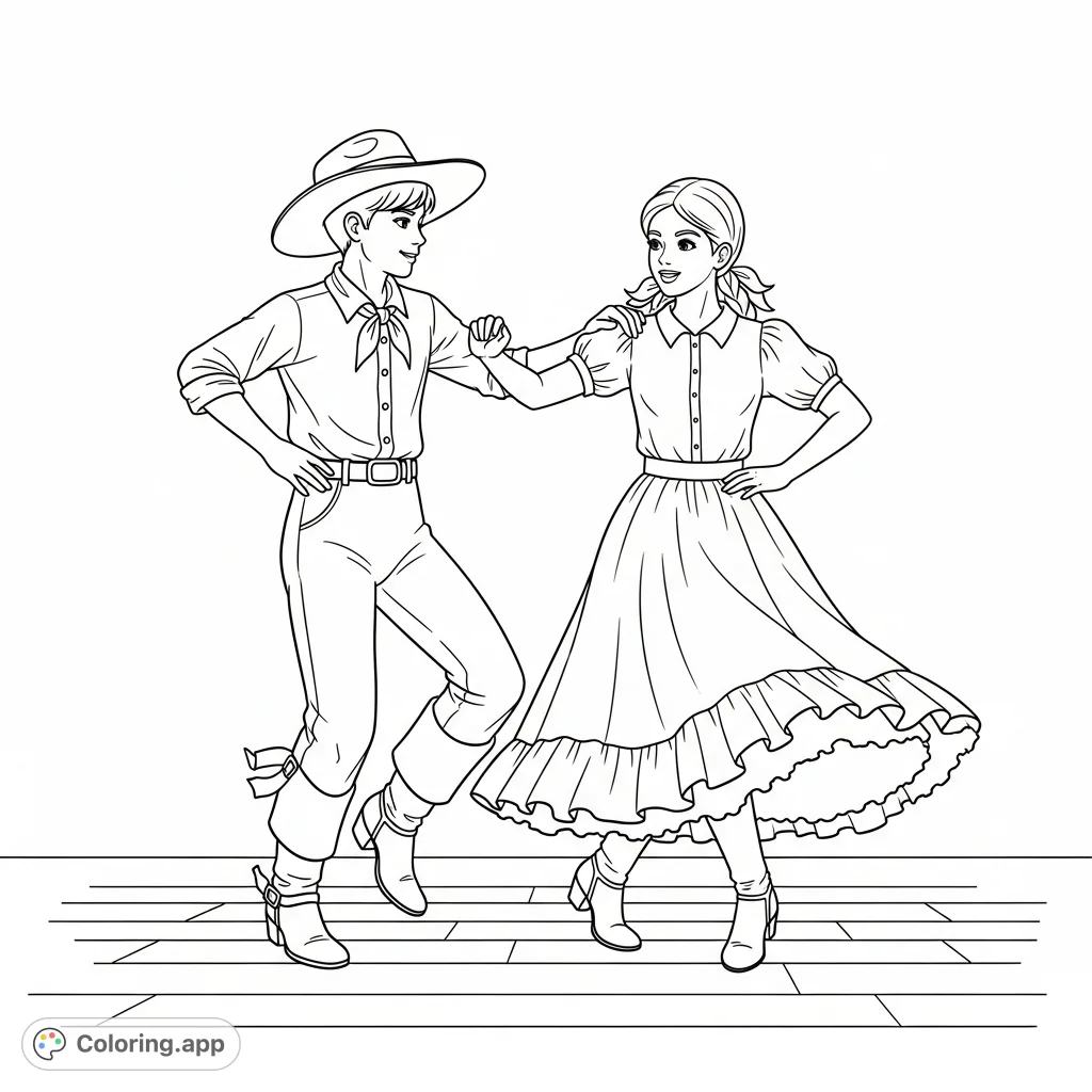 A lively coloring page featuring a boy and girl square dancing in classic western attire. Capture the energetic movements and traditional charm of this folk dance.