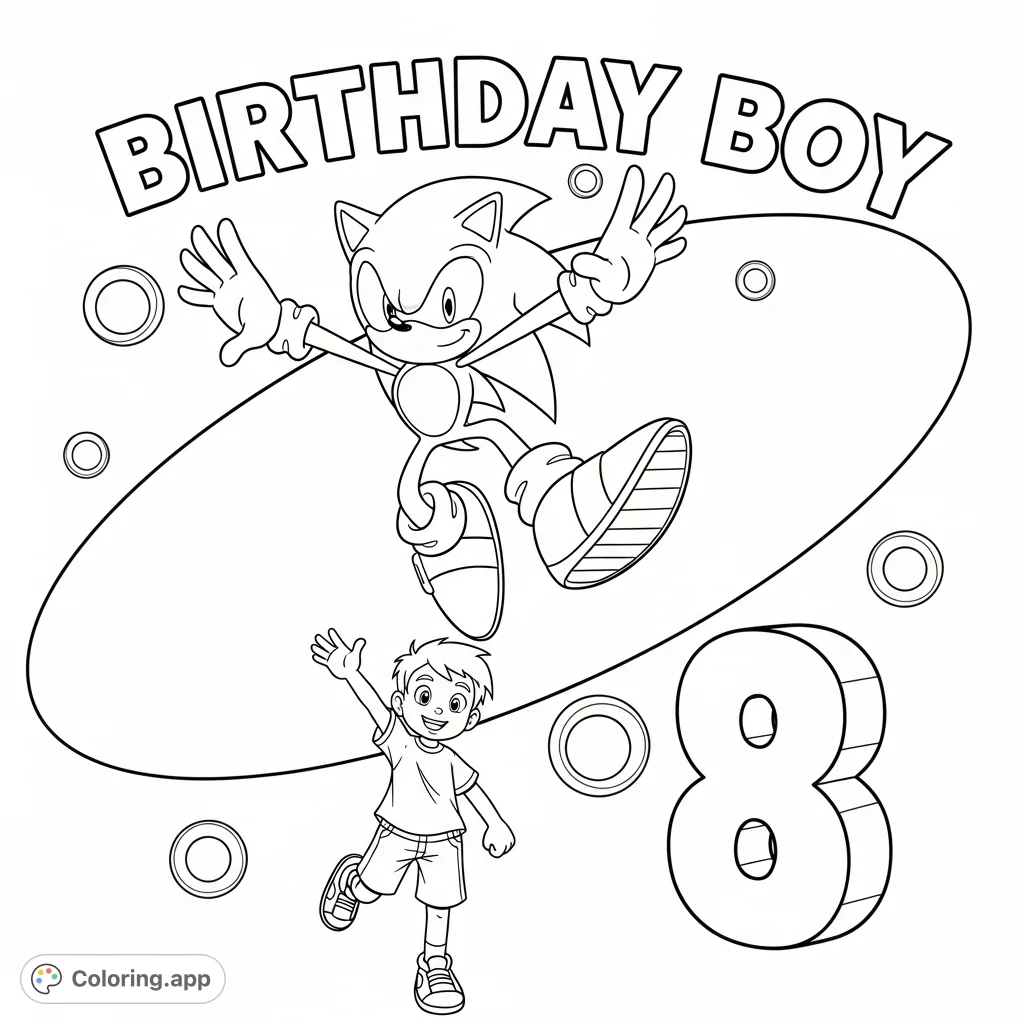 A dynamic Sonic the Hedgehog coloring page, featuring Sonic mid-jump above a child, bold "BIRTHDAY BOY" text, and a number "8", amidst abstract shapes.