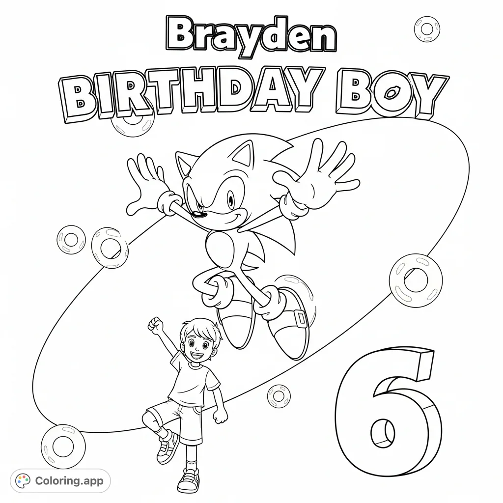 A vibrant Sonic the Hedgehog coloring page featuring Sonic mid-jump above a child, celebrating "Brayden BIRTHDAY BOY" with a prominent "6" and dynamic background rings.