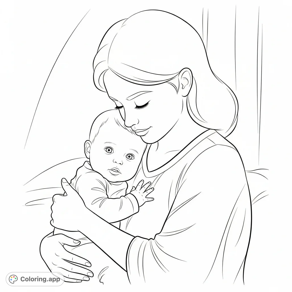 A heartwarming free printable baby and woman coloring page featuring a gentle embrace, perfect for celebrating family bonds and nurturing love.