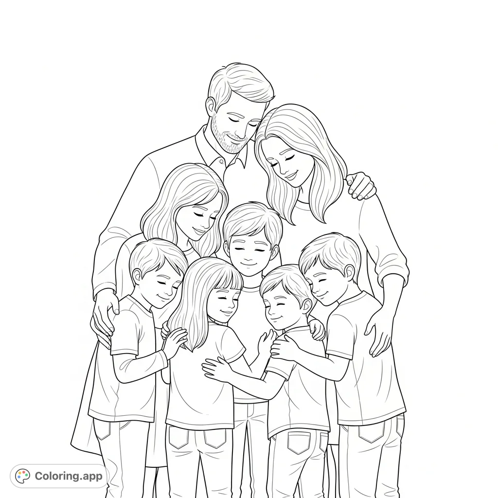 A heartwarming family embrace coloring page featuring two parents hugging their four children, including an eight-year-old. Celebrate family bonds!