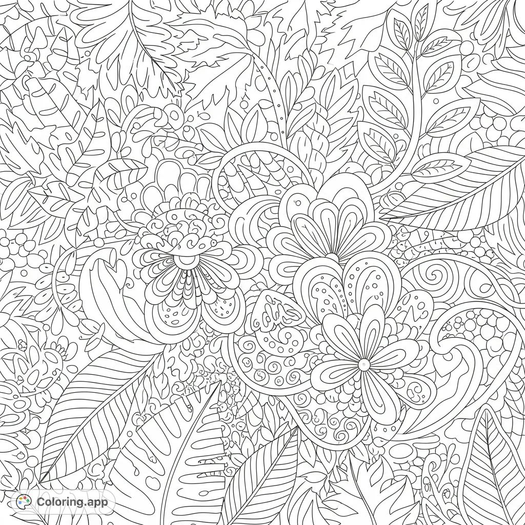 An intricate abstract doodle coloring page featuring flowery patterns set against a lush jungle backdrop, perfect for creative exploration and relaxation.