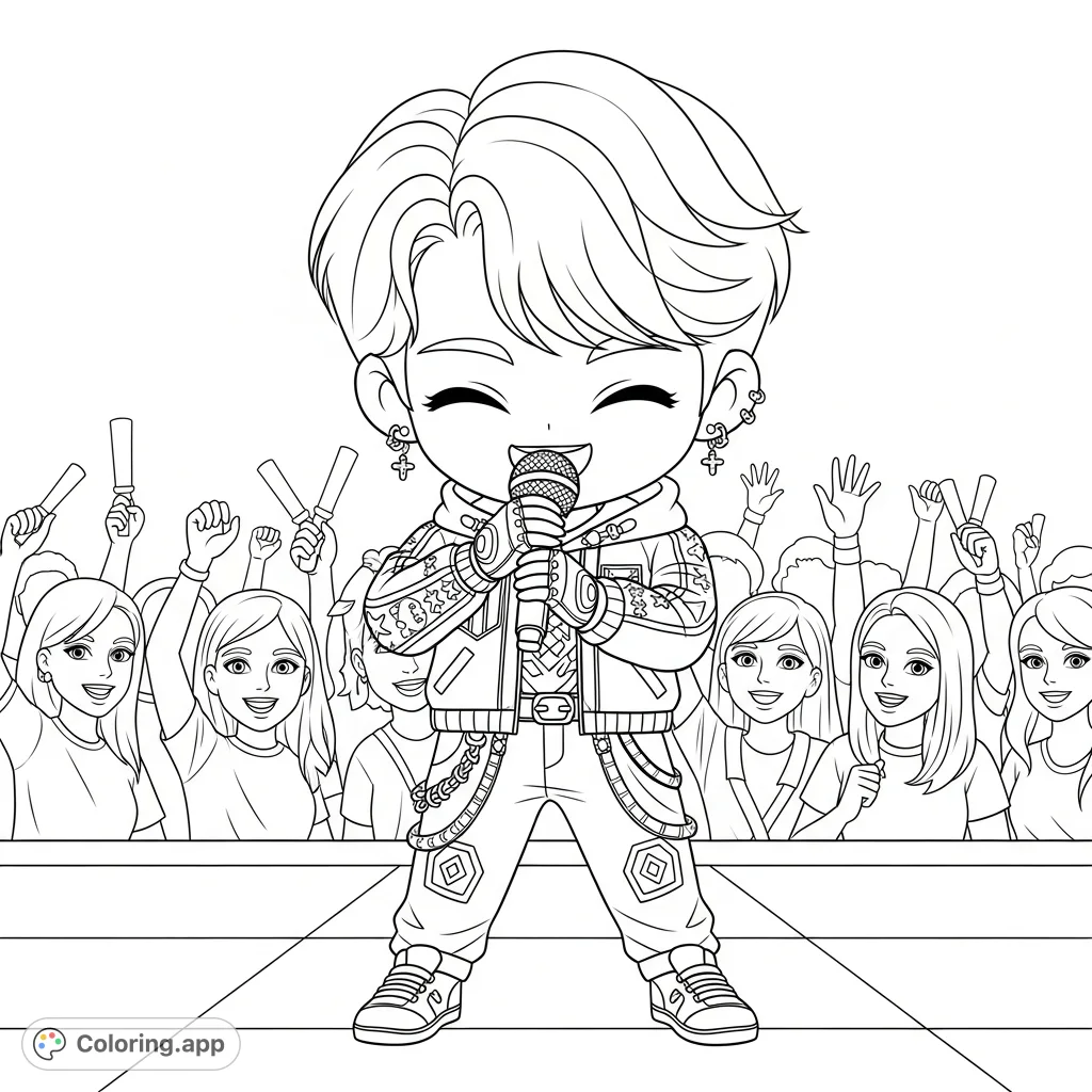 A charming chibi K-pop idol sings passionately into a microphone, surrounded by an excited crowd of fans. Perfect for Kpop enthusiasts to personalize.