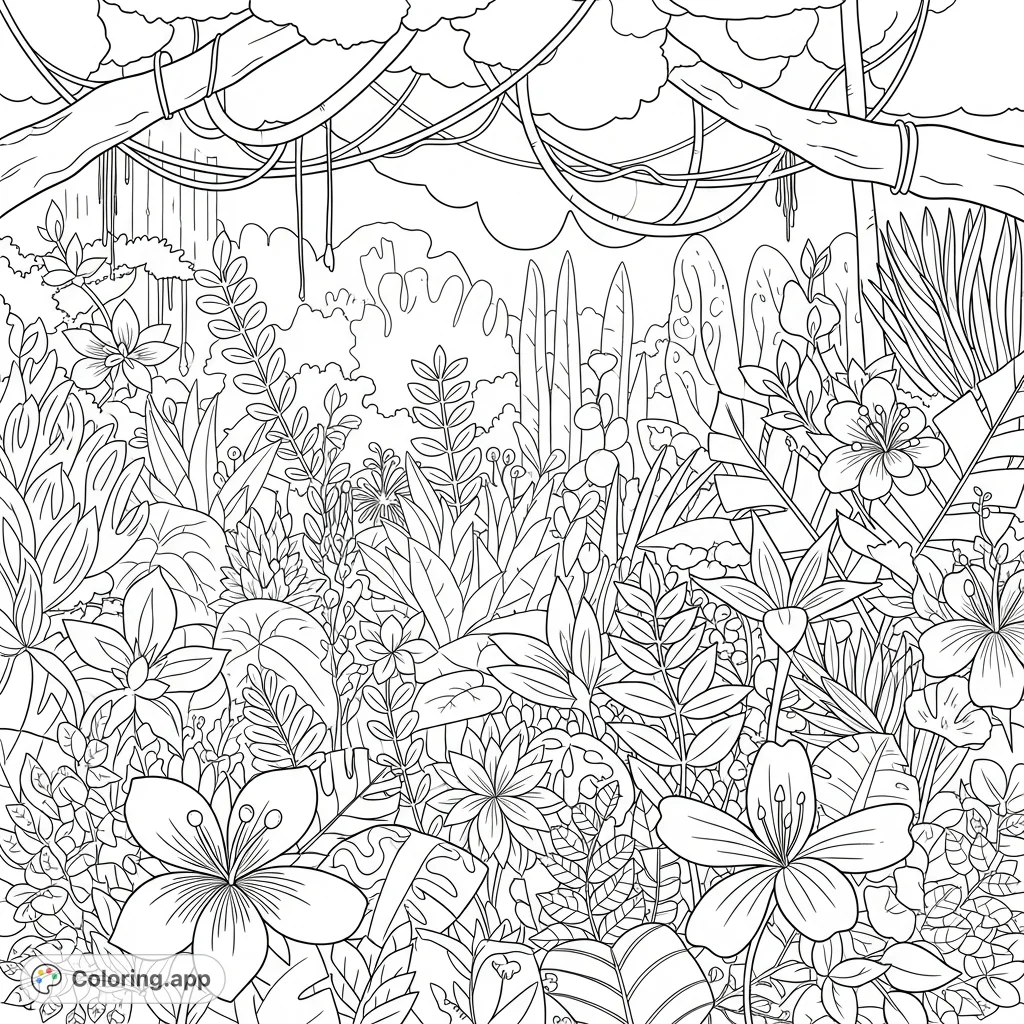 Explore a lush jungle scene filled with intricate exotic flowers. This free printable flower coloring page is perfect for unwinding and creative expression for adults.