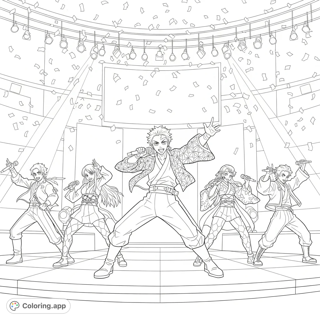 A dynamic K-Pop demon hunter group performs on a stage amidst falling confetti, wielding microphones for an energetic show.