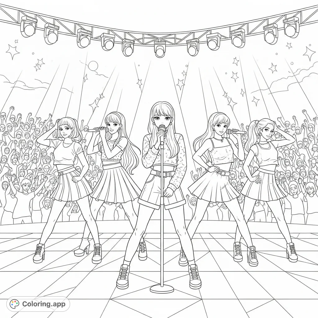 A vibrant K-pop girl group performs on stage, with a lead singer holding a microphone amidst cheering fans. Perfect for fans of pop music!