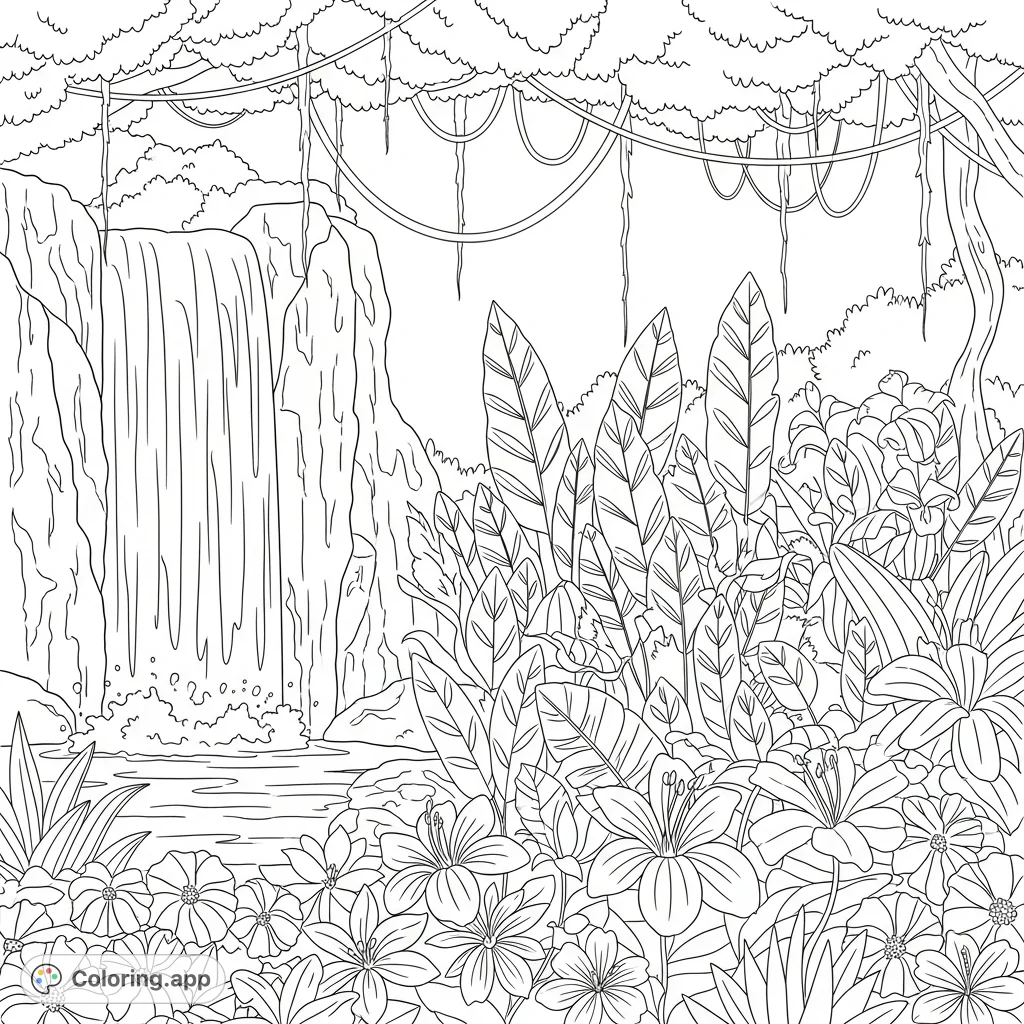 Explore a vibrant jungle scene featuring a majestic waterfall cascading amidst lush foliage and exotic blooms. A perfect nature coloring page for relaxation.