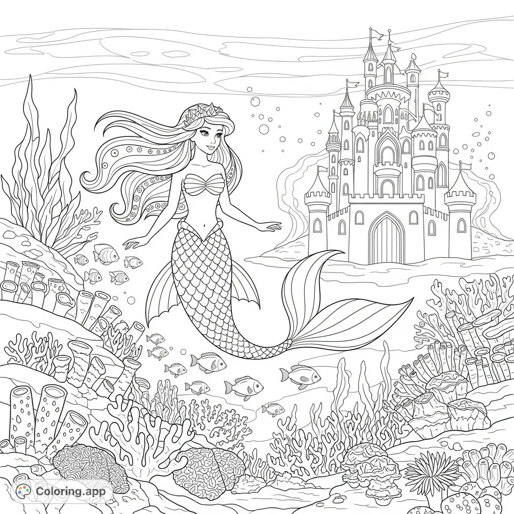 Dive into an enchanting underwater kingdom coloring page! Features a graceful mermaid princess, a majestic castle, and a vibrant coral reef.