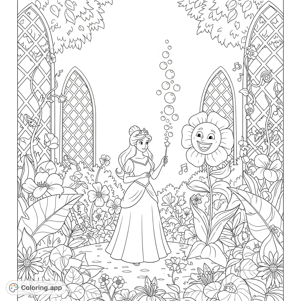A graceful princess blows bubbles in an enchanted garden, accompanied by a singing flower. A whimsical scene for fantasy lovers to color.