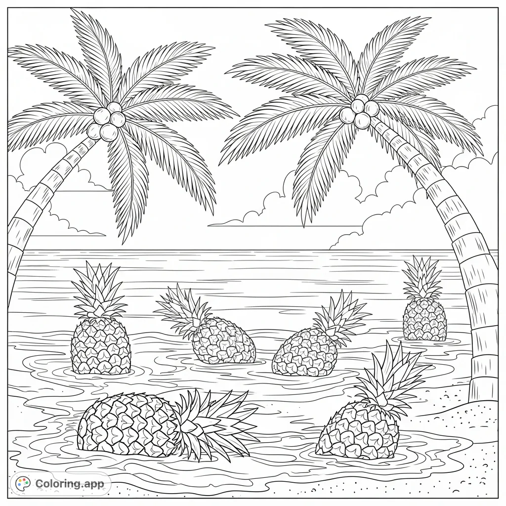 Dive into a serene tropical beach with pineapples nestled on the sand, framed by swaying palm trees and gentle ocean waves. A perfect free printable coloring page.