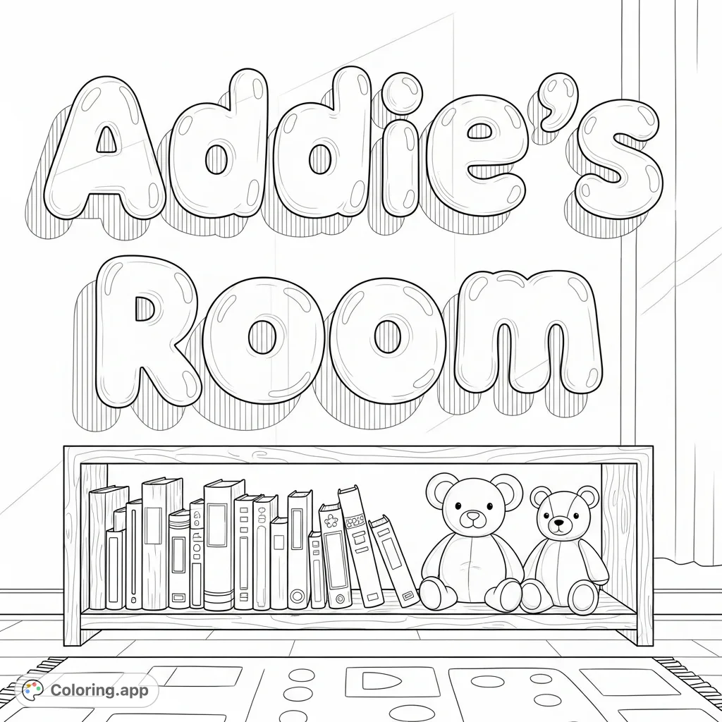 Discover a charming "Addie's Room" coloring page featuring dimensional bubble letters, a shelf with storybooks and plush toys, and a patterned rug.