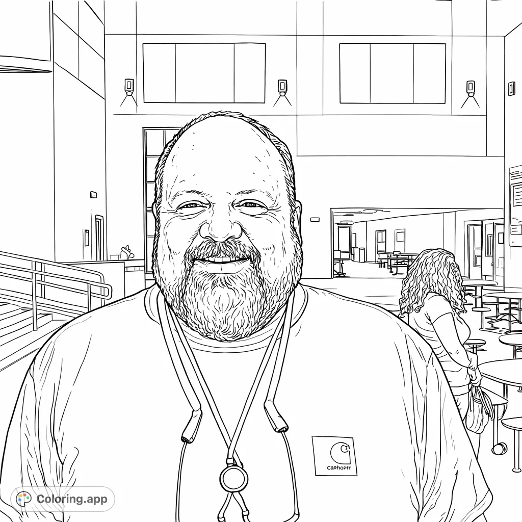 A friendly bearded man smiles in a head-and-shoulders portrait, featuring a detailed shirt logo and lanyard. The background hints at a dynamic indoor space.