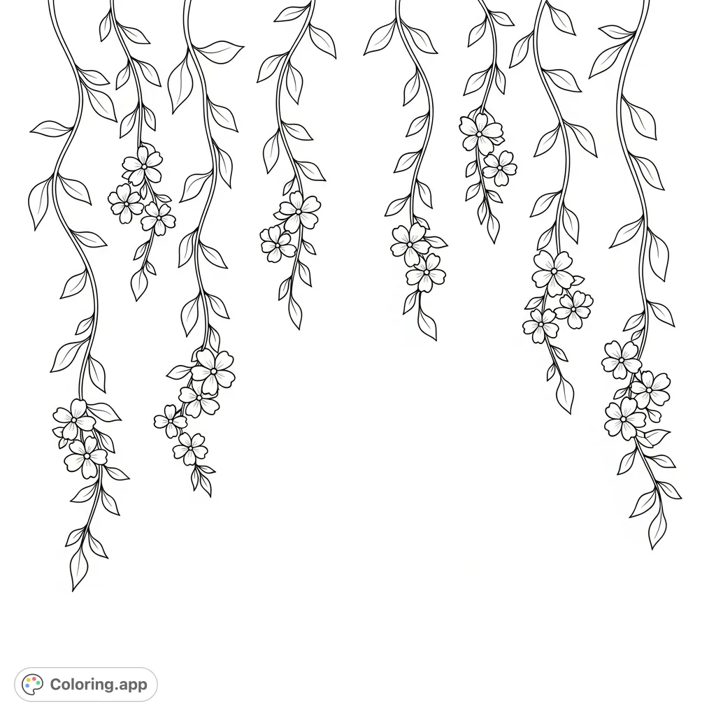 Discover calm with this airy botanical coloring page featuring delicate hanging vines and small, elegant flowers. An open center invites serene creativity for all ages.