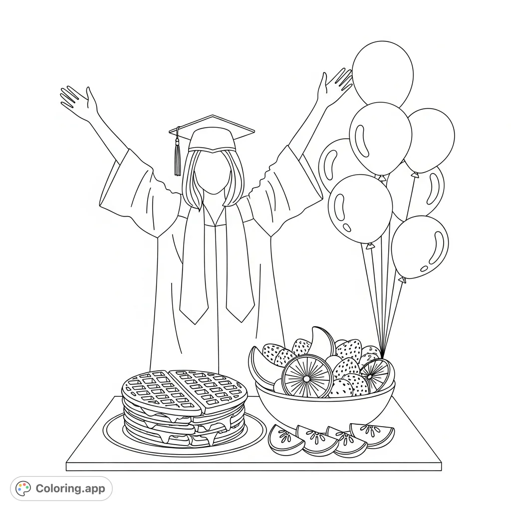 A joyful nutrition graduation scene featuring a girl celebrating with delicious waffles, fresh fruit salad, and festive balloons. Perfect for a happy occasion!