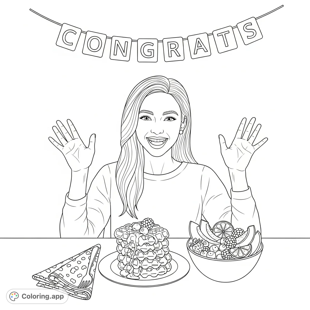 Celebrate academic achievement with this free printable coloring page featuring a joyous girl, delicious waffles, fresh fruit, and a "Congrats" banner.