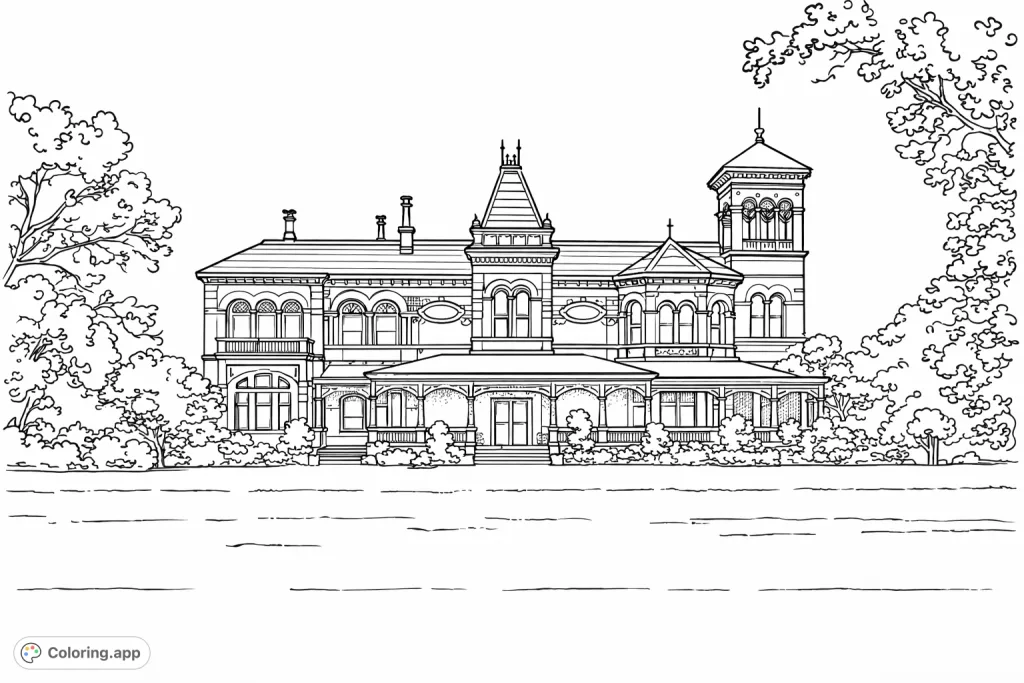 Explore a grand Victorian mansion, featuring intricate architecture, multiple towers, and a sprawling estate. A detailed historic house coloring page.