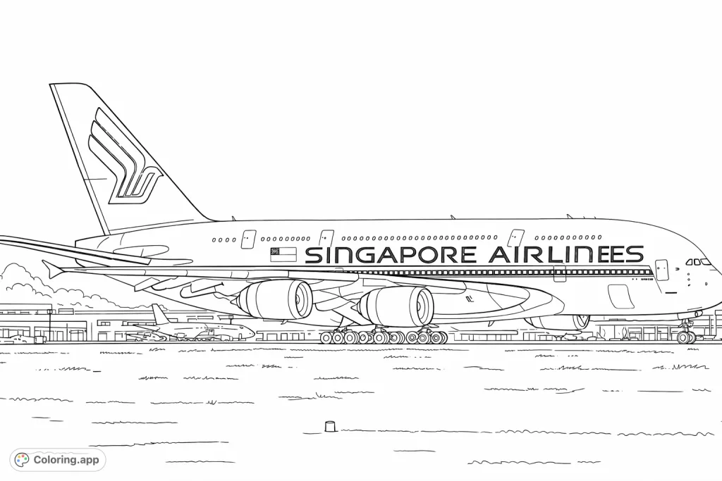 Color a majestic jumbo jet aircraft on a runway, featuring intricate details of its fuselage, engines, tail, and an airport backdrop. Perfect for aviation enthusiasts!